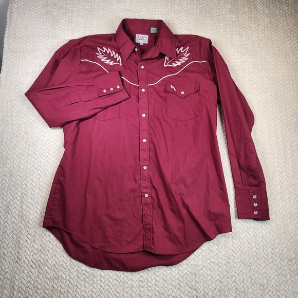 Ely Diamond Mens L Western Cowboy Rodeo Shirt Burgundy Feather Embroidery - Picture 2 of 10